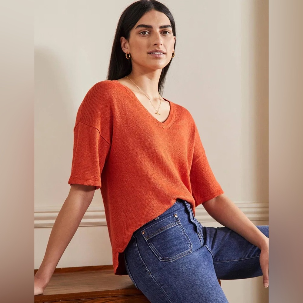 Boden Linen Knitted V-Neck T-Shirt Blouse Orange Womens Top K0591 US 6 - Picture 1 of 11